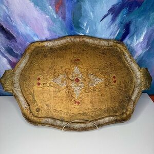 Italian Florentine Serving Tray Gold Wood Red Highlights Original Label MCM